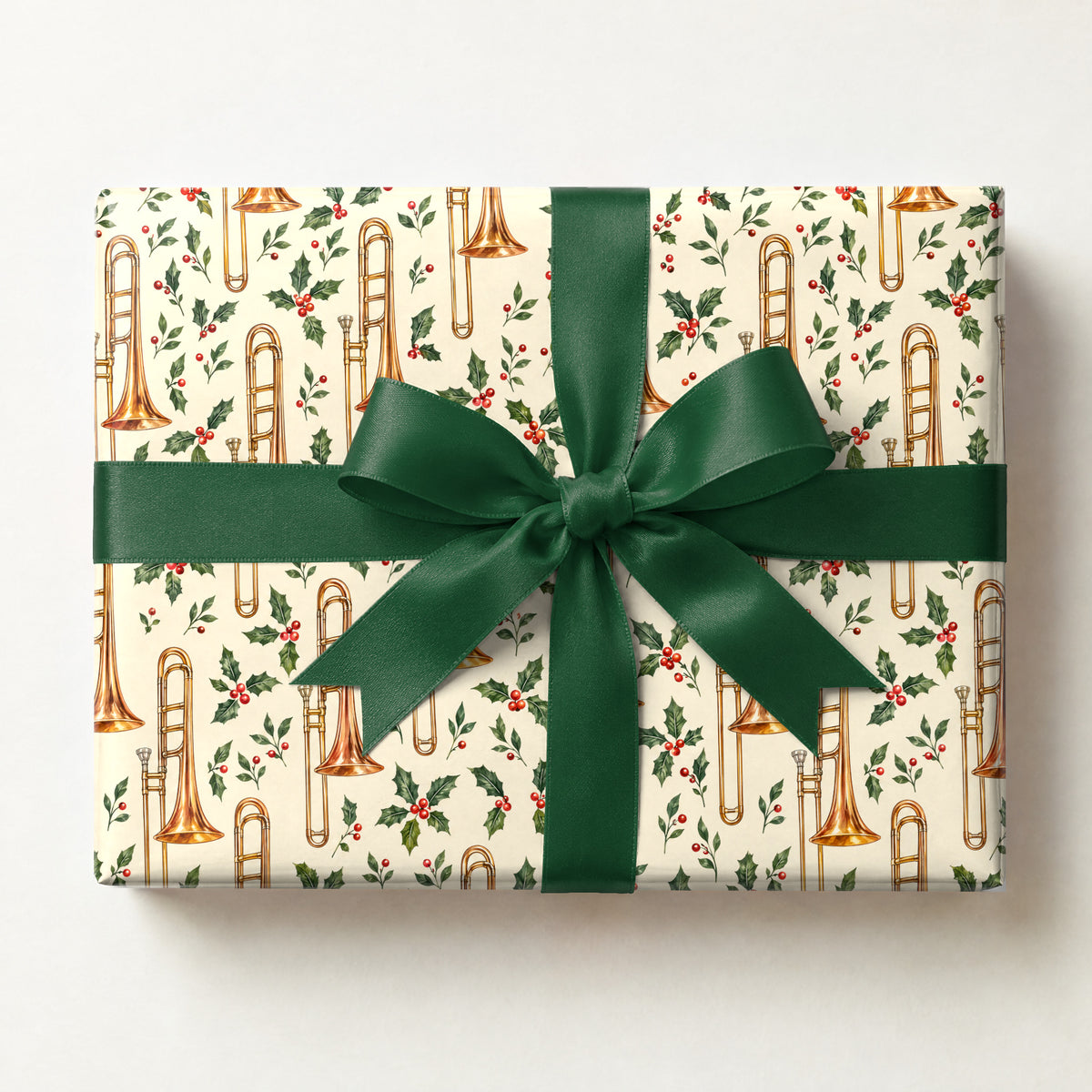 Copper Trombone Shine Wrapping Paper, a gift box wrapped in it and tied with a satin ribbon
