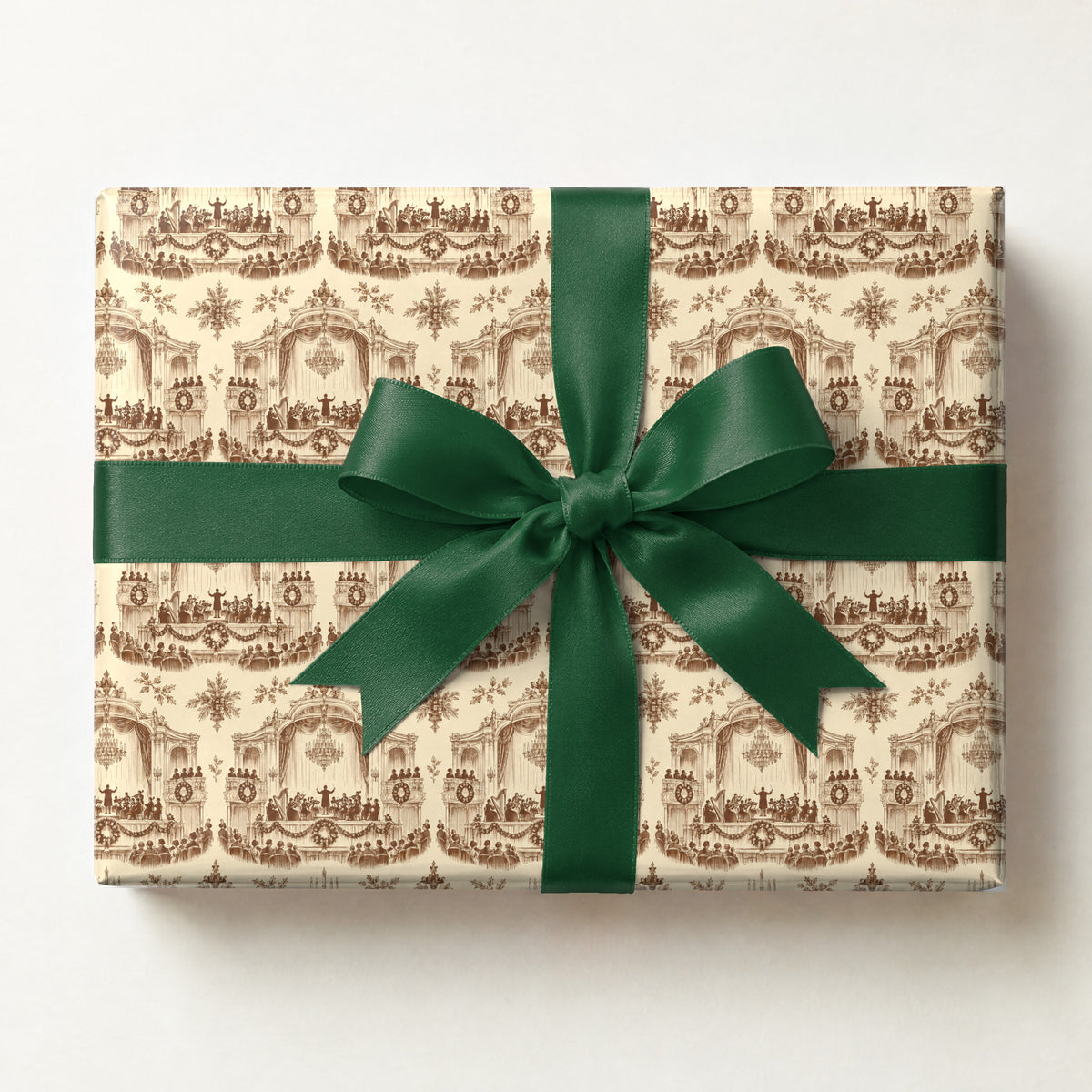 Vintage Concert Hall Toile Wrapping Paper, a gift box wrapped in it and tied with a satin ribbon