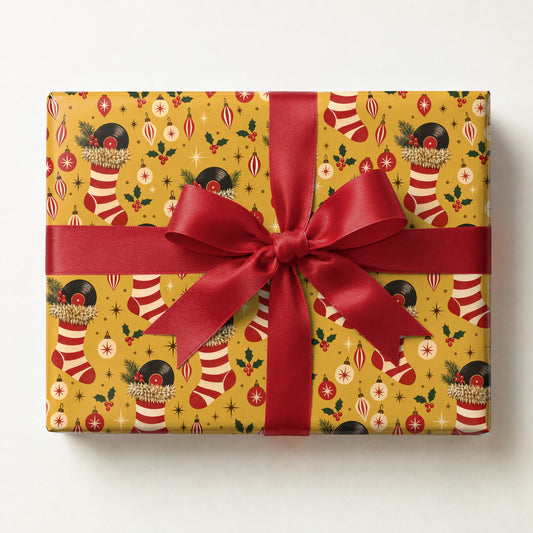 Retro Record Stocking Wrapping Paper, a gift box wrapped in it and tied with a satin ribbon