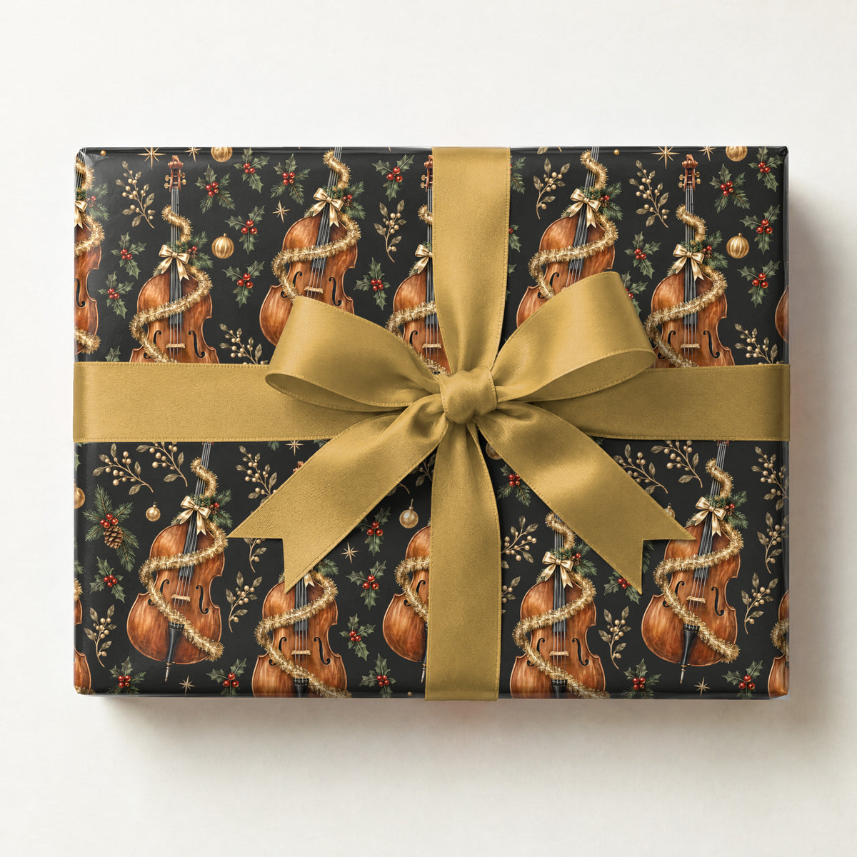 Upright Bass and Tinsel Wrapping Paper, a gift box wrapped in it and tied with a satin ribbon