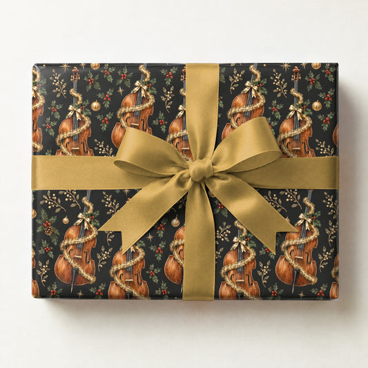 Upright Bass and Tinsel Wrapping Paper, a gift box wrapped in it and tied with a satin ribbon