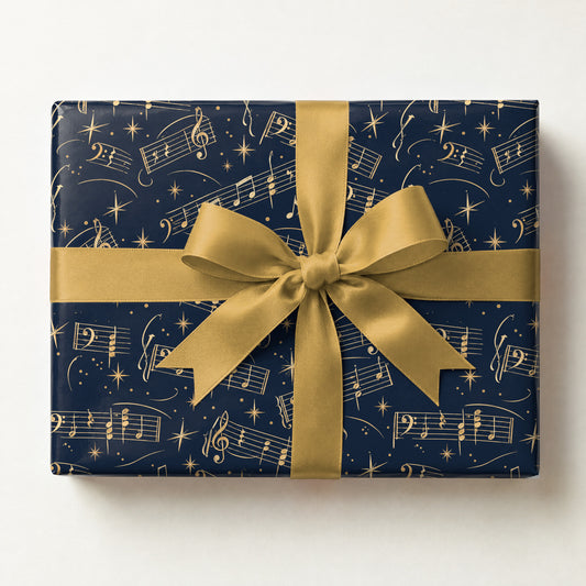 Vintage Sheet Music Wrapping Paper, a gift box wrapped in it and tied with a satin ribbon