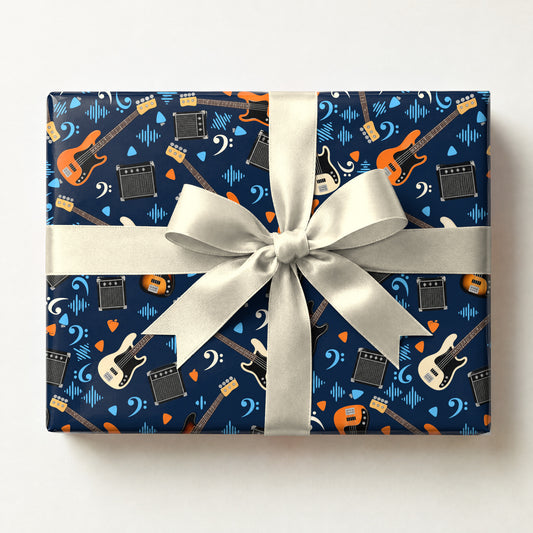 Bass Guitar Wrapping Paper, a gift box wrapped in it and tied with a satin ribbon
