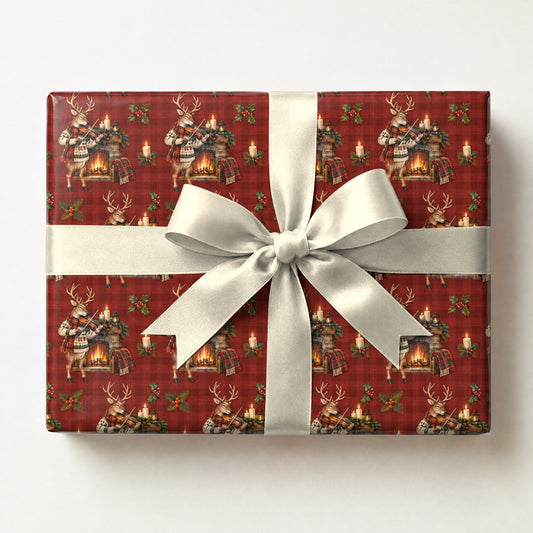Reindeer Fiddle Fireside Wrapping Paper, a gift box wrapped in it and tied with a satin ribbon