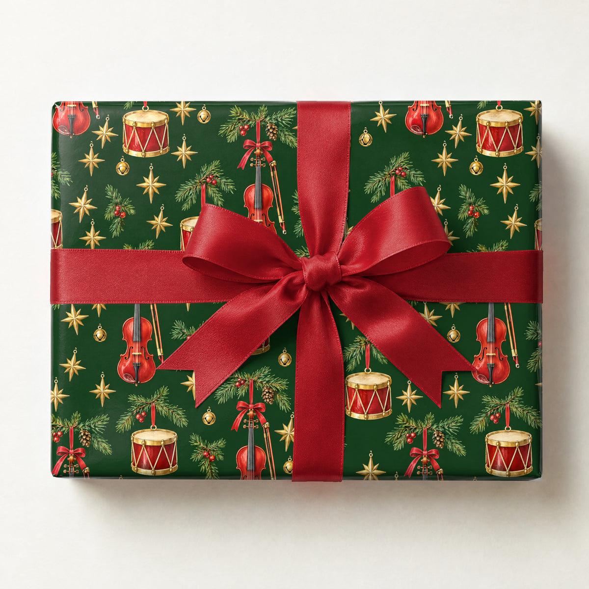 Ornament Instrument Boughs Wrapping Paper, a gift box wrapped in it and tied with a satin ribbon