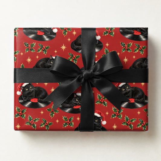 Black Cat Vinyl Christmas Wrapping Paper, a gift box wrapped in it and tied with a satin ribbon