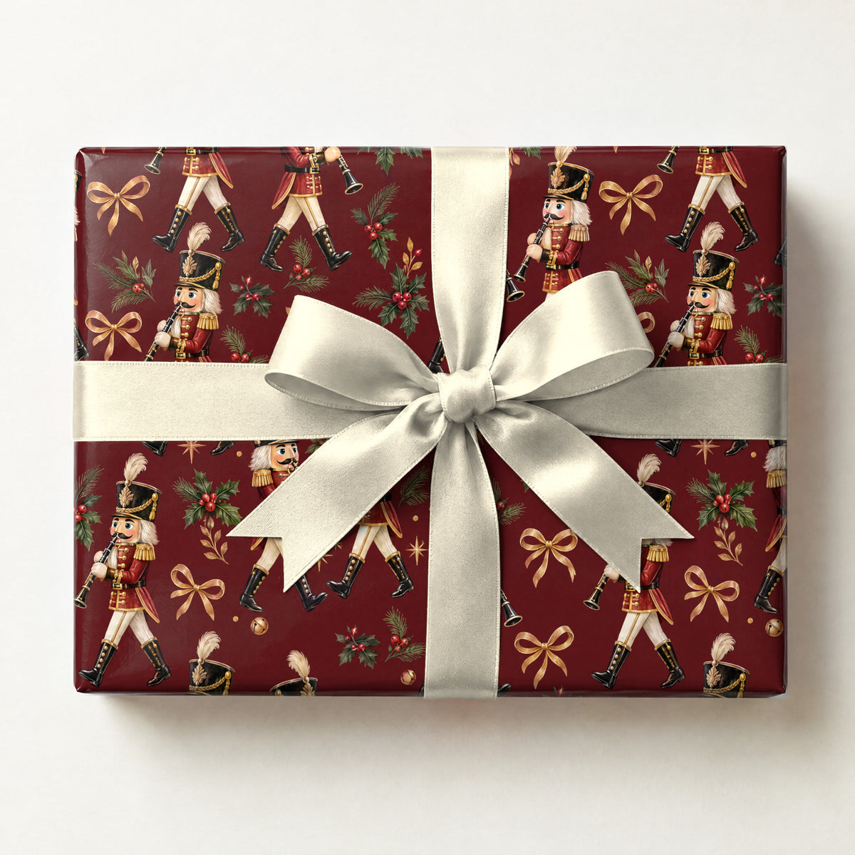 Nutcracker Clarinet March Wrapping Paper, a gift box wrapped in it and tied with a satin ribbon