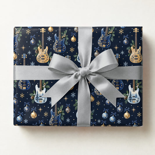 Bass Drop Christmas Wrapping Paper, a gift box wrapped in it and tied with a satin ribbon
