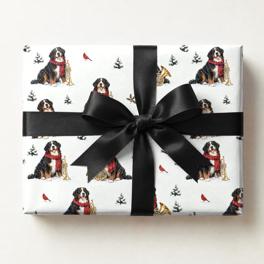 Bernese Brass Band Wrapping Paper, a gift box wrapped in it and tied with a satin ribbon