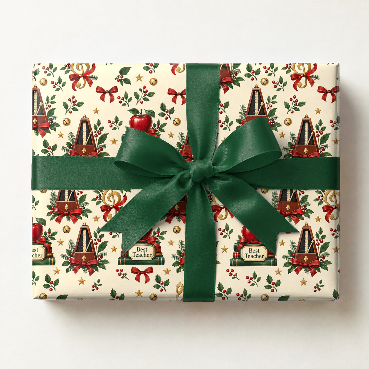 Music Teacher's Holiday Desk Wrapping Paper, a gift box wrapped in it and tied with a satin ribbon