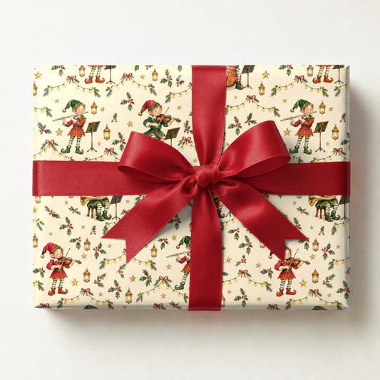 Elf Orchestra Pit Wrapping Paper, a gift box wrapped in it and tied with a satin ribbon