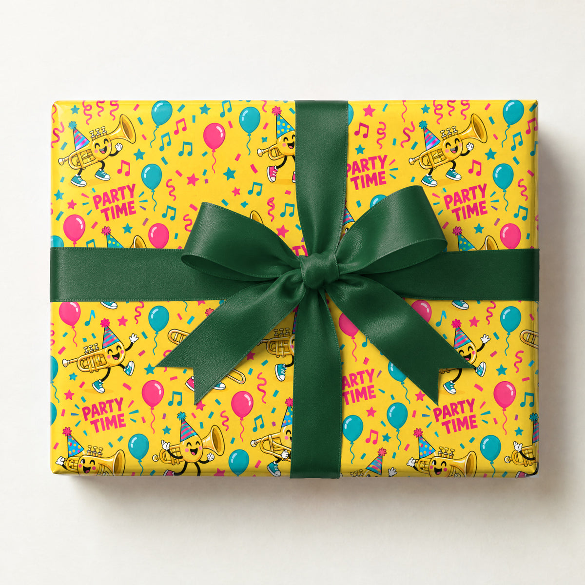 Birthday Brass Band Wrapping Paper, a gift box wrapped in it and tied with a satin ribbon