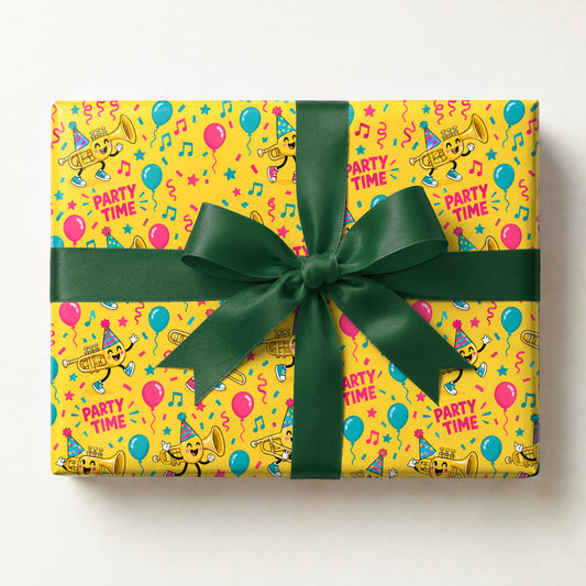 Birthday Brass Band Wrapping Paper, a gift box wrapped in it and tied with a satin ribbon