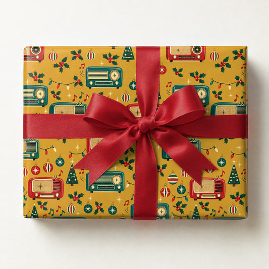 Retro Christmas Radio Wrapping Paper, a gift box wrapped in it and tied with a satin ribbon