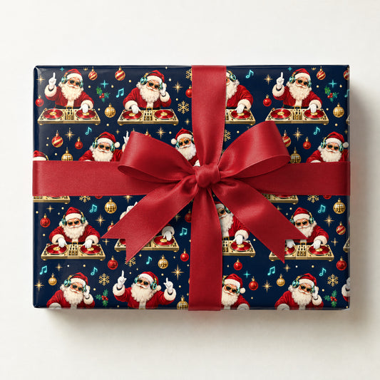 DJ Santa Turntables Wrapping Paper, a gift box wrapped in it and tied with a satin ribbon