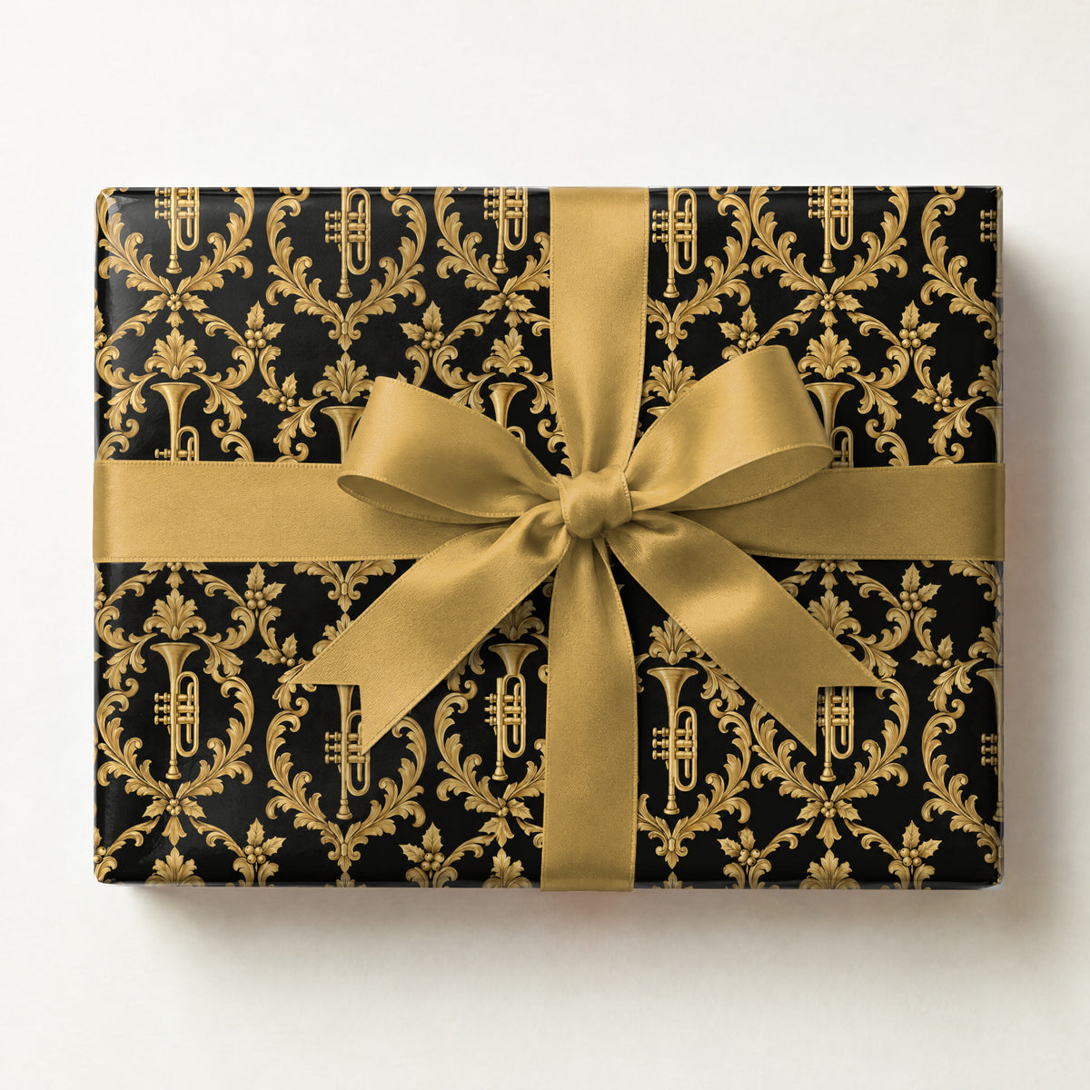 Obsidian Trumpet Damask Wrapping Paper, a gift box wrapped in it and tied with a satin ribbon