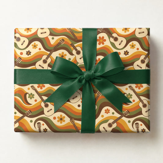 Groovy Guitar Waves Retro Wrapping Paper, a gift box wrapped in it and tied with a satin ribbon