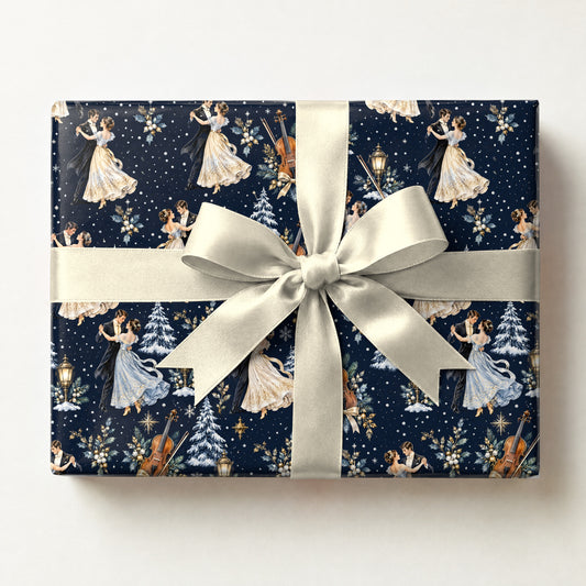 Winter Waltz Strings Wrapping Paper, a gift box wrapped in it and tied with a satin ribbon