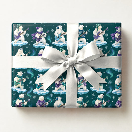 Polar Bear Bass Groove Wrapping Paper, a gift box wrapped in it and tied with a satin ribbon
