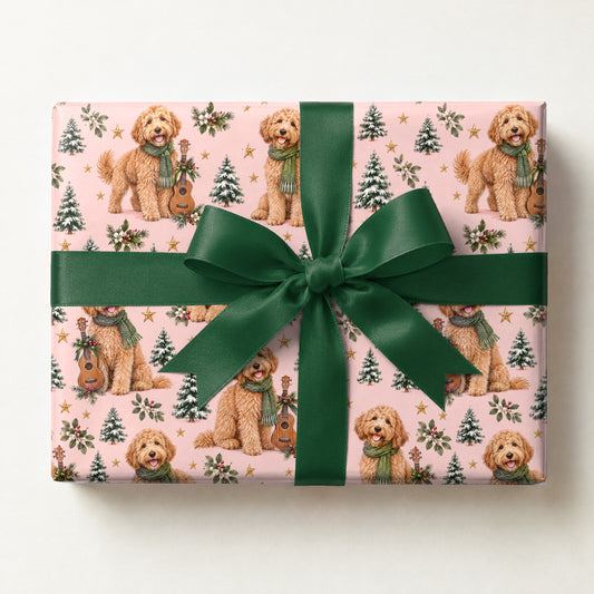 Goldendoodle Ukulele Christmas Wrapping Paper, a gift box wrapped in it and tied with a satin ribbon