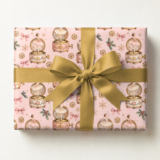 Music Box Ballerina Snow Wrapping Paper, a gift box wrapped in it and tied with a satin ribbon