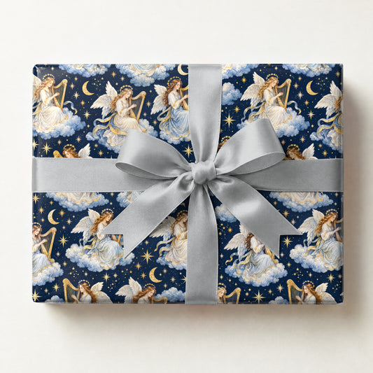 Angel Harp Starlight Wrapping Paper, a gift box wrapped in it and tied with a satin ribbon