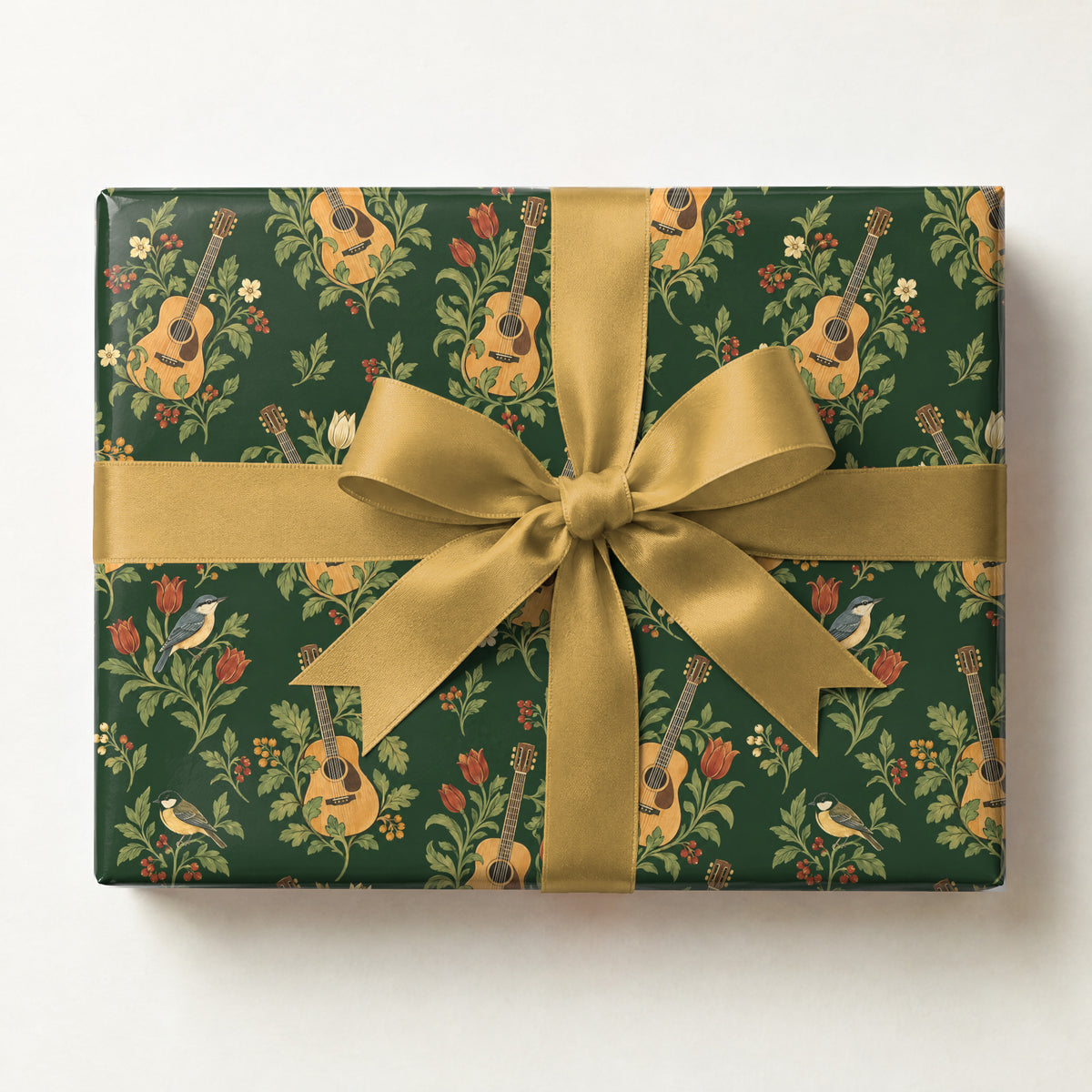 Guitar Botanical Toile Wrapping Paper, a gift box wrapped in it and tied with a satin ribbon