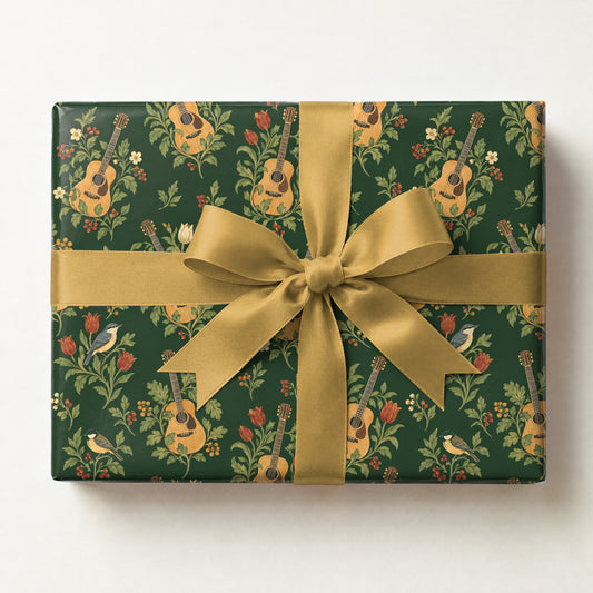 Guitar Botanical Toile Wrapping Paper, a gift box wrapped in it and tied with a satin ribbon