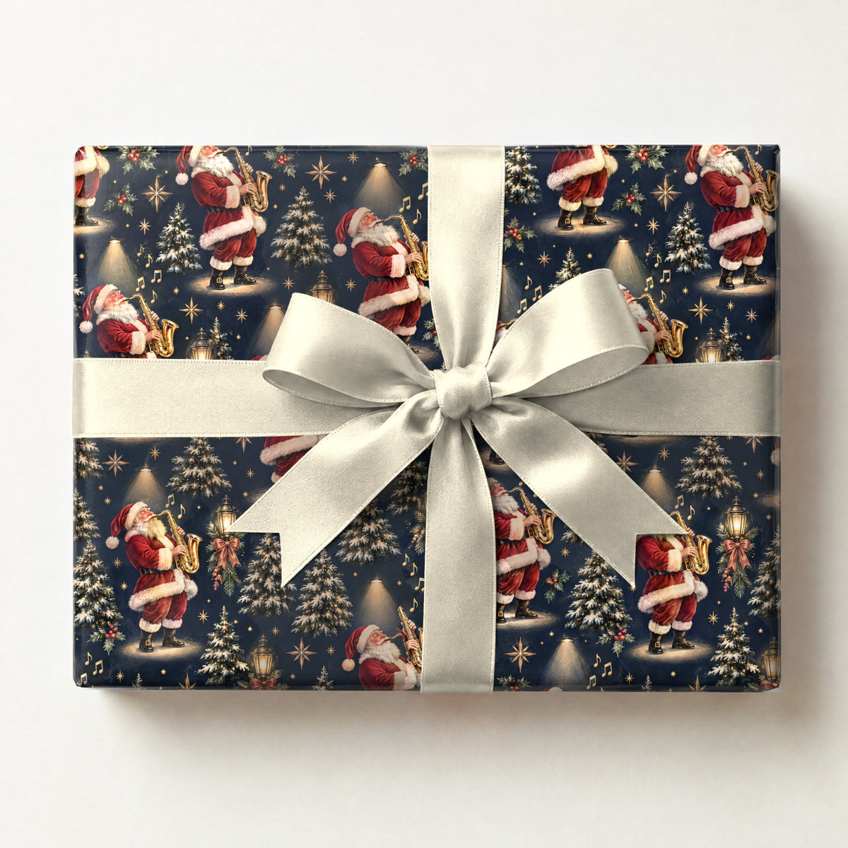 Jazz Santa Saxophone Wrapping Paper, a gift box wrapped in it and tied with a satin ribbon