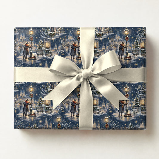 Snowy Street Musician Wrapping Paper, a gift box wrapped in it and tied with a satin ribbon