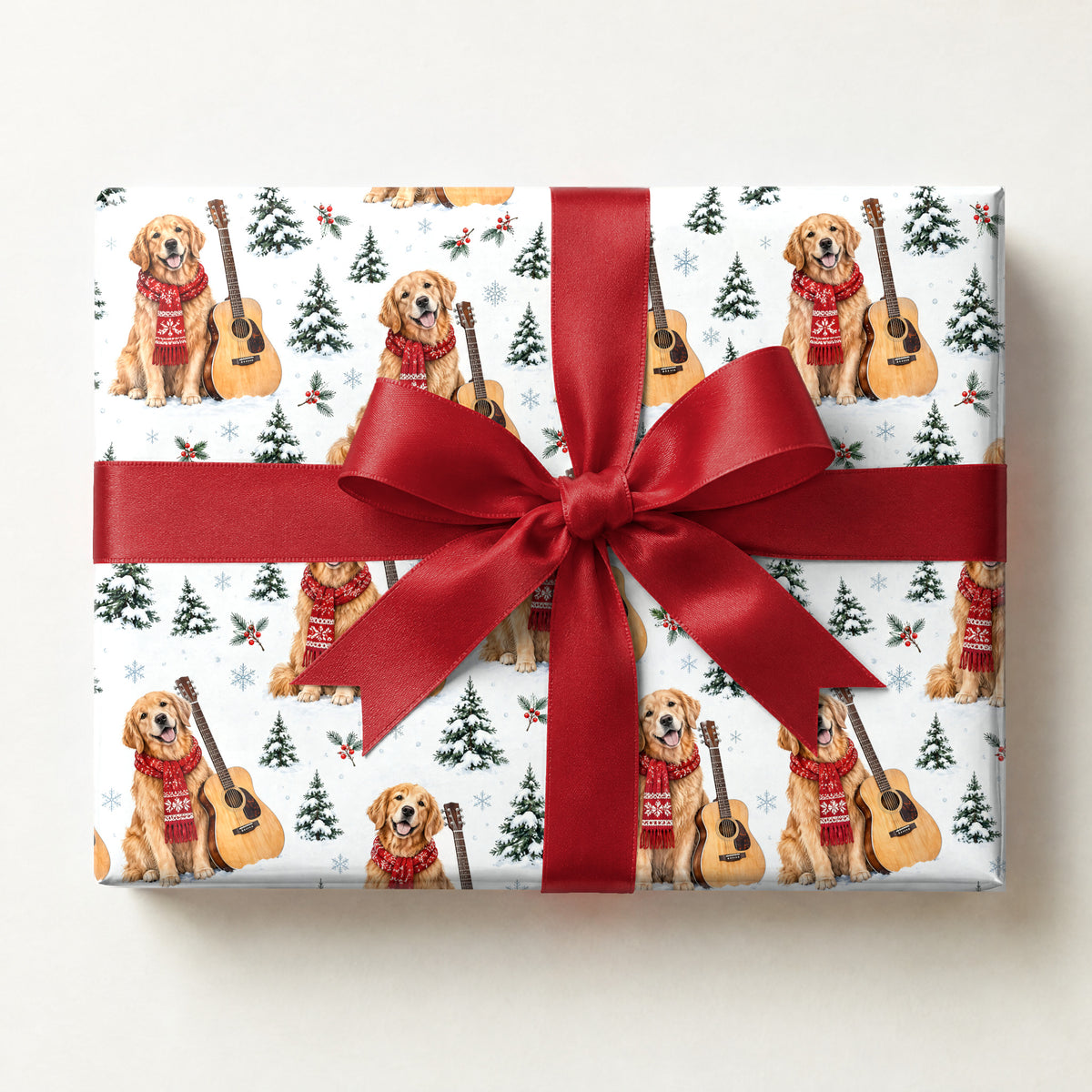 Golden Retriever Guitar Christmas Wrapping Paper, a gift box wrapped in it and tied with a satin ribbon