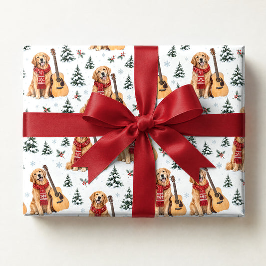 Golden Retriever Guitar Christmas Wrapping Paper, a gift box wrapped in it and tied with a satin ribbon