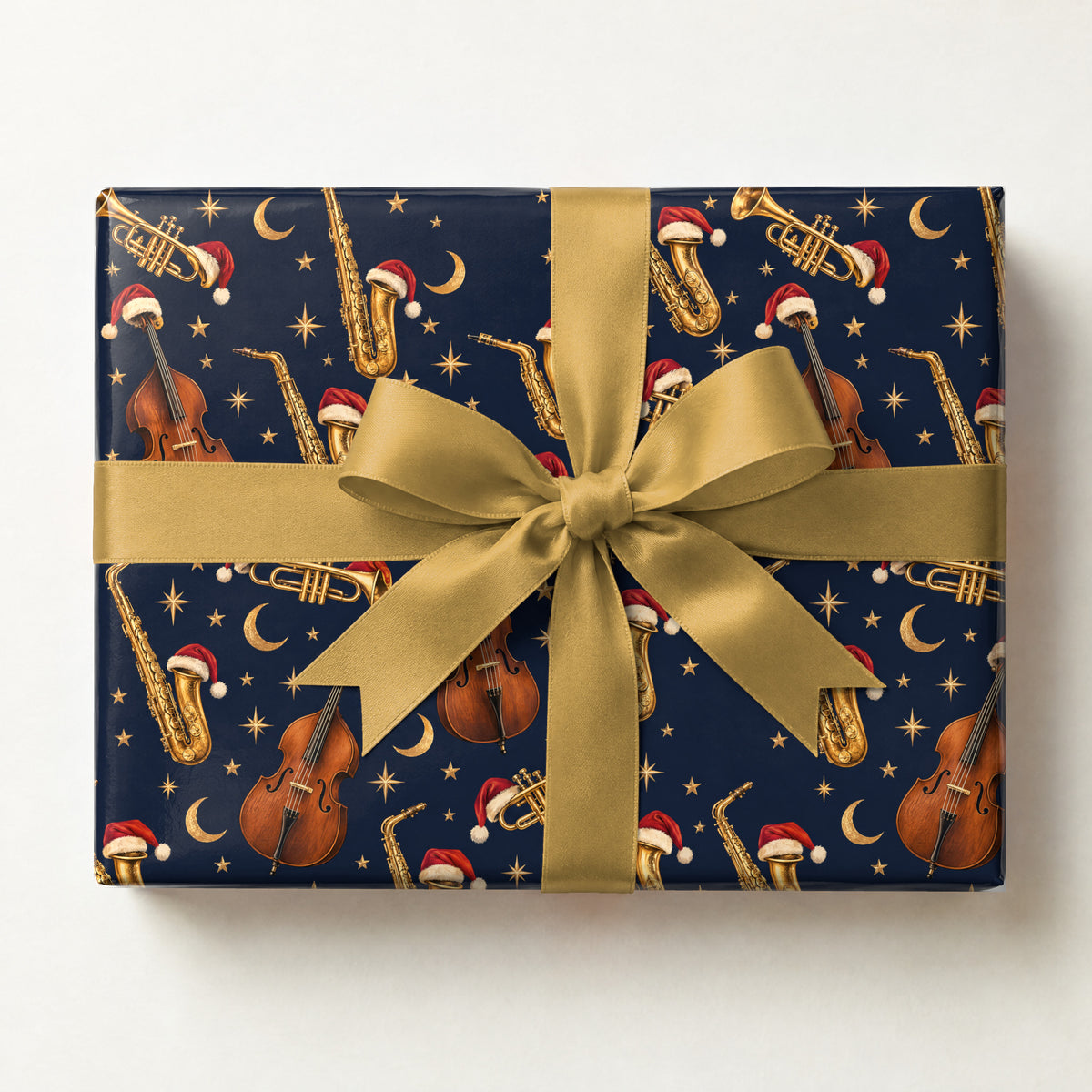 Jazzy Holiday Wrapping Paper, a gift box wrapped in it and tied with a satin ribbon