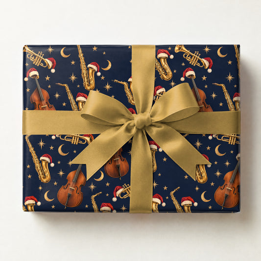 Jazzy Holiday Wrapping Paper, a gift box wrapped in it and tied with a satin ribbon