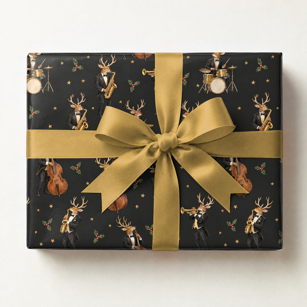Reindeer Jazz Quartet Wrapping Paper, a gift box wrapped in it and tied with a satin ribbon