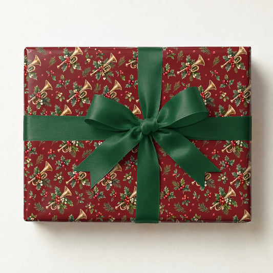 Cranberry Brass Sprig Wrapping Paper, a gift box wrapped in it and tied with a satin ribbon