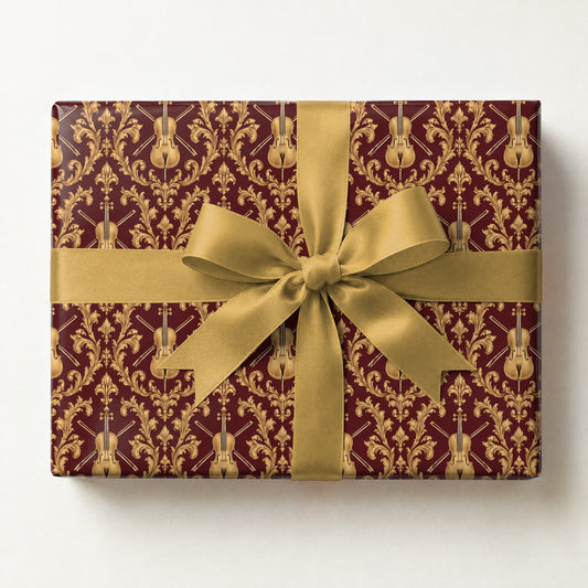 Crimson Cello Scrollwork Wrapping Paper, a gift box wrapped in it and tied with a satin ribbon