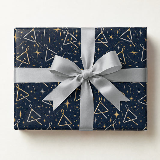 Twinkling Triangle Stars Wrapping Paper, a gift box wrapped in it and tied with a satin ribbon