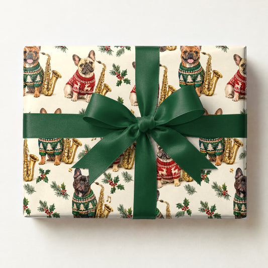 French Bulldog Jazz Christmas Wrapping Paper, a gift box wrapped in it and tied with a satin ribbon