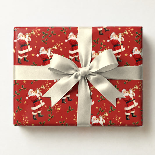 Santa's Trumpet Fanfare Wrapping Paper, a gift box wrapped in it and tied with a satin ribbon
