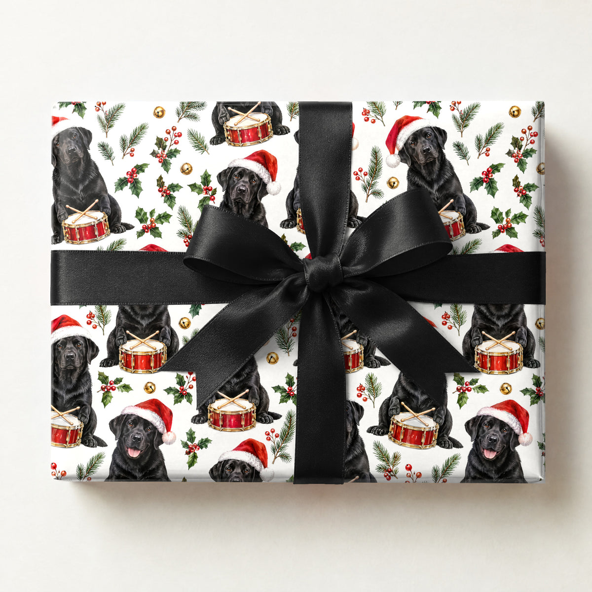 Black Lab Santa Drummer Wrapping Paper, a gift box wrapped in it and tied with a satin ribbon