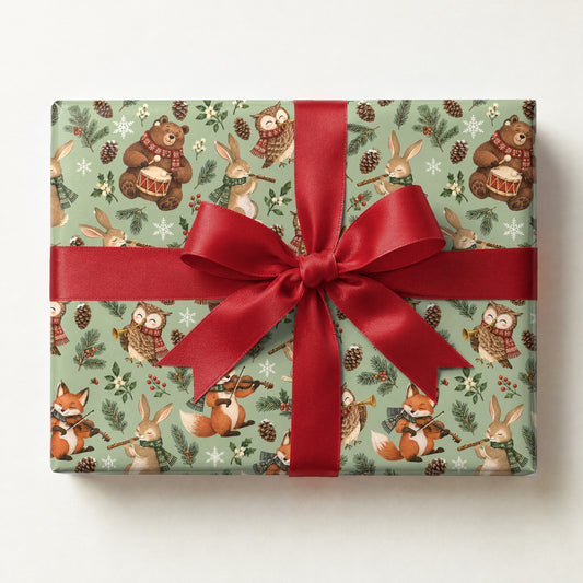 Woodland Winter Band Wrapping Paper, a gift box wrapped in it and tied with a satin ribbon