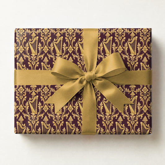 Plum Harp Brocade Wrapping Paper, a gift box wrapped in it and tied with a satin ribbon