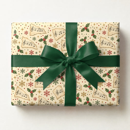 Christmas Songbook Confetti Wrapping Paper, a gift box wrapped in it and tied with a satin ribbon