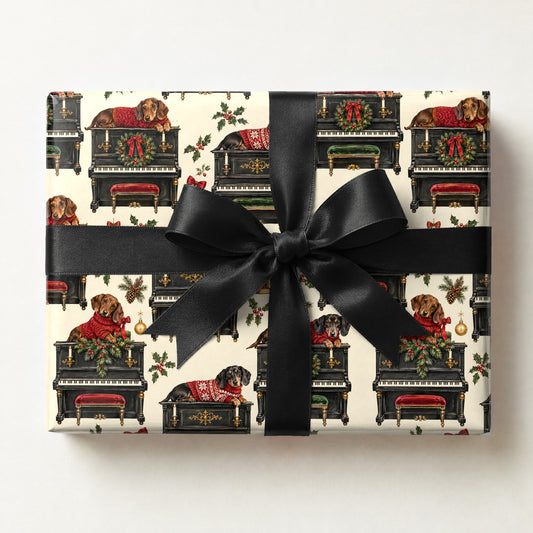 Dachshund Piano Christmas Wrapping Paper, a gift box wrapped in it and tied with a satin ribbon