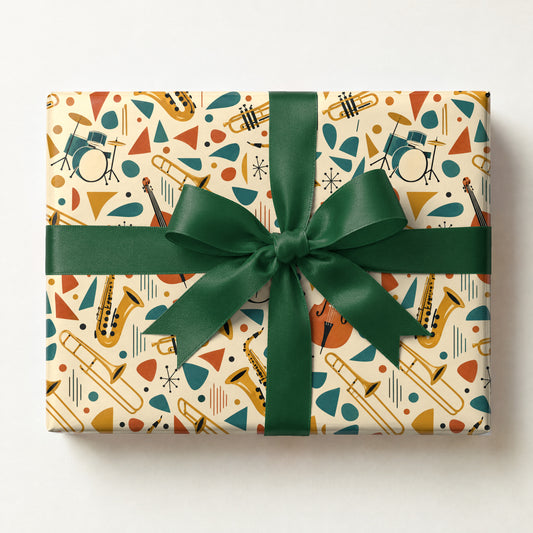 Mid-Century Jazz Band Wrapping Paper, a gift box wrapped in it and tied with a satin ribbon