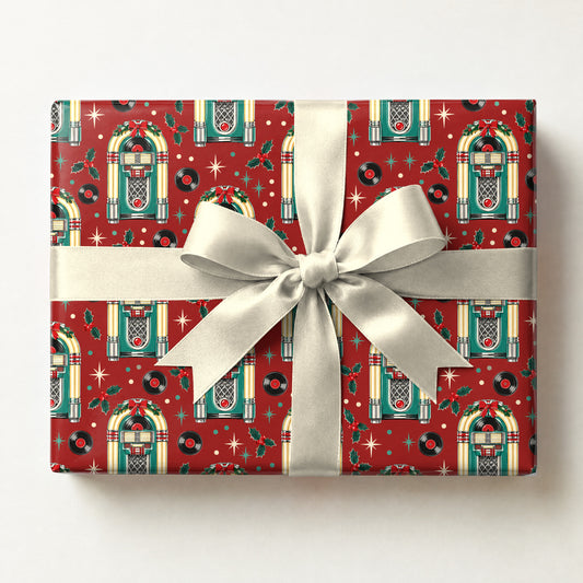 Holiday Jukebox Diner Wrapping Paper, a gift box wrapped in it and tied with a satin ribbon