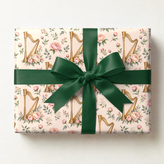 Harp and Peonies Wrapping Paper, a gift box wrapped in it and tied with a satin ribbon