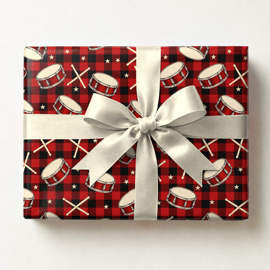 Buffalo Plaid Drumsticks Wrapping Paper, a gift box wrapped in it and tied with a satin ribbon