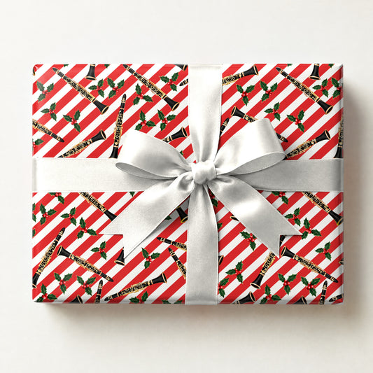 Cane and Clarinet Wrapping Paper, a gift box wrapped in it and tied with a satin ribbon